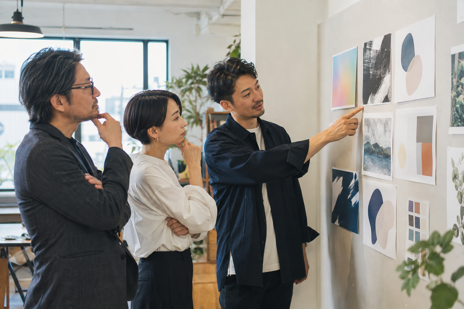 複数のデザイン案を見ながら企業らしさを話し合うチーム