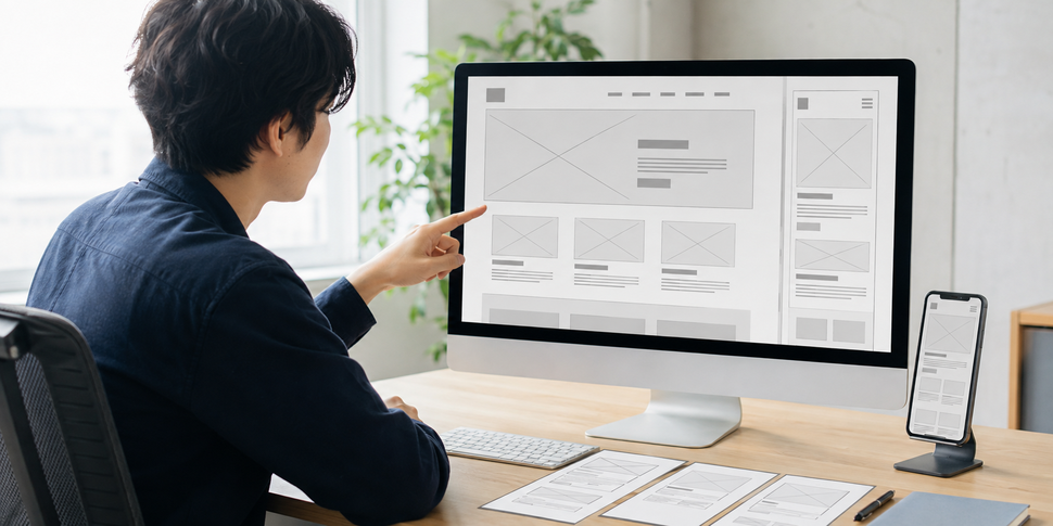 WebデザイナーがPCとスマートフォンの情報設計を確認する様子