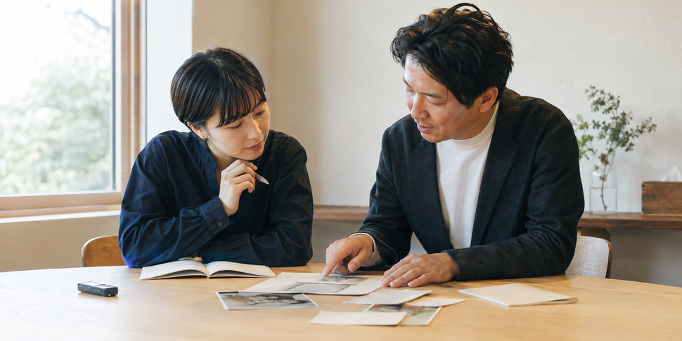 ライターと経営者が企業の歴史を振り返りながら対話する様子